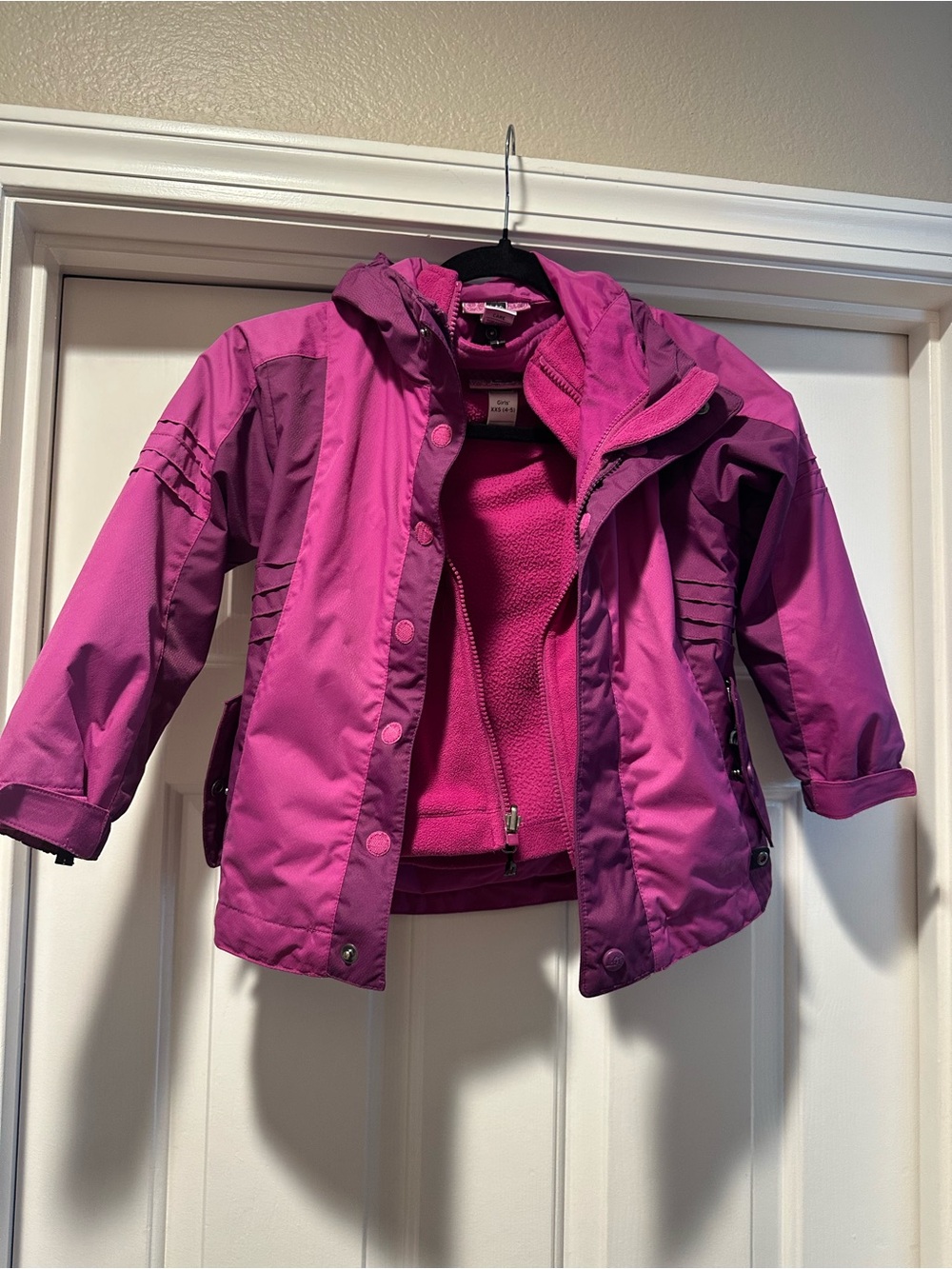 REI Girls' Two-Tone Double Layer Magenta Hooded Puffer Jacket